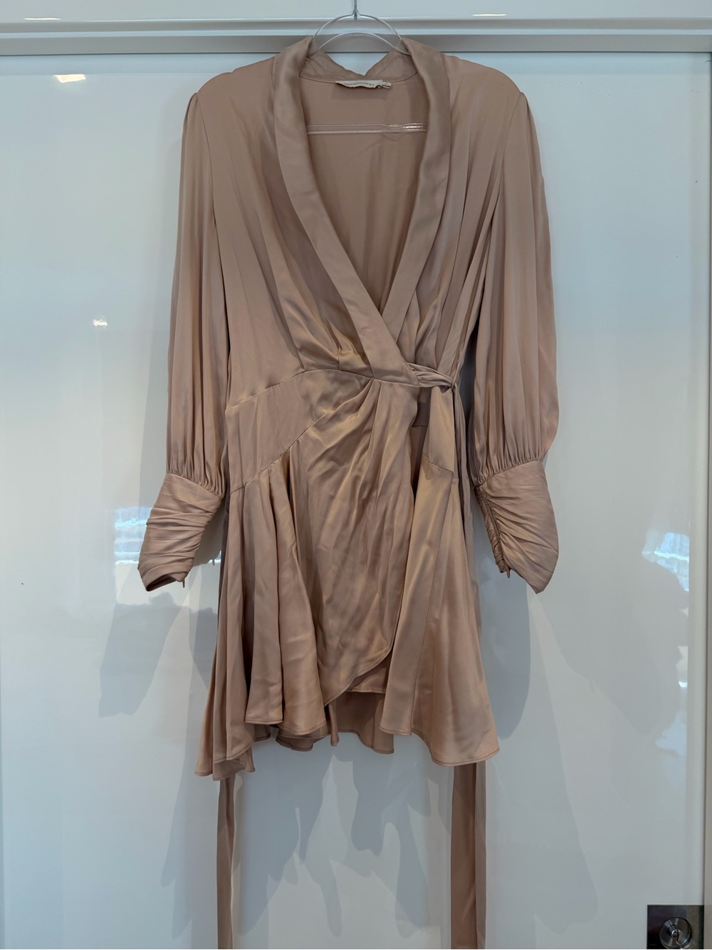 Zimmermann Blush Silk Wrap Dress with Long Sleeves